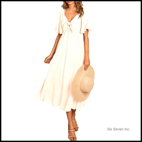 Casual Short Sleeve V Neck Ruffle Midi Flowy Dress with Bow Tie Casual Short Sleeve V Neck Ruffle Midi Flowy Dress with Bow Tie